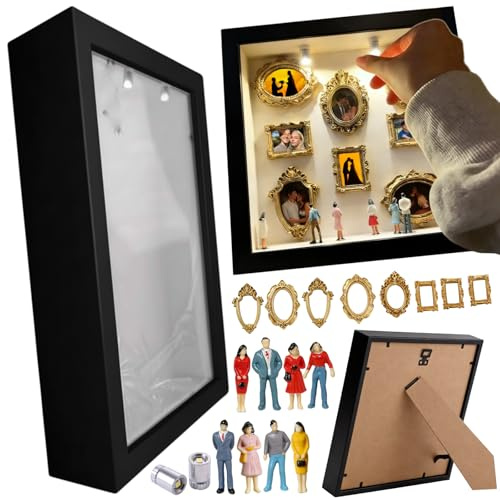 Mini caja de silueta de museo, caja de sombra, caja de exposición, cajas de sombra de fotos personalizadas con 7 mini figuras de museo y 8 mini marcos dorados, celebra tus recuerdos únicos con estilo