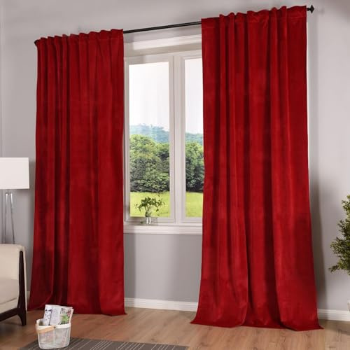 Gardinenbox Milano 20357 - Tenda oscurante in velluto, con passanti e passante per cordoncino, accorciabile, 2 pezzi, altezza x larghezza 280 x 135 cm, colore: rosso
