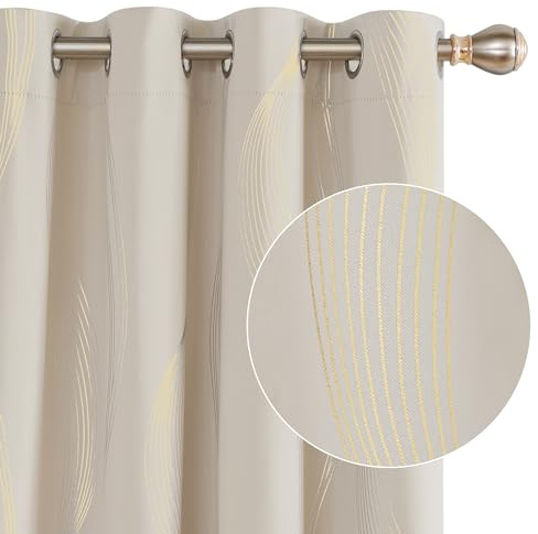 Deconovo Blackout Eyelet Curtains Thermal Insulated Gold Wave Line Foil Printed Curtains for Bedroom 46x72 Inch Beige 2 Panels