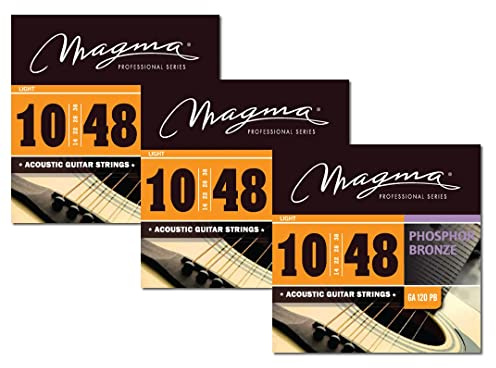 Magma - Corde per chitarra acustica - 3 set di corde acustiche in bronzo fosforoso chiaro calibro 10-48 (.10 - .48) - GA120PB