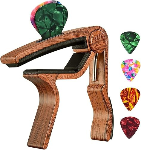 Capotraste de guitarra con 4 púas de guitarra con soporte para guitarra eléctrica acústica, ukelele, mandolina, banjo (madera