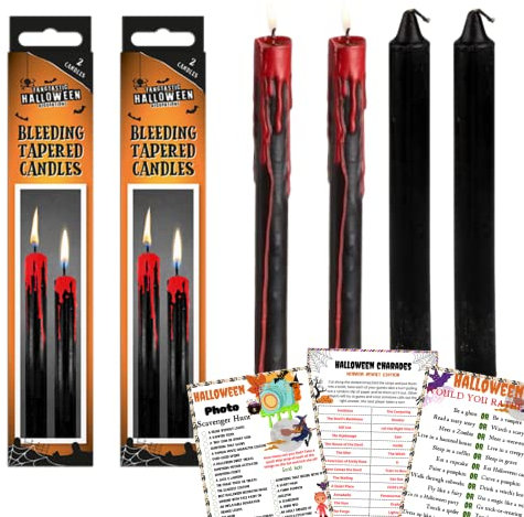 4 x blutende konische Kerzen und Spielkarte – schwarze Wachskerze, Halloween-Party-Tischdekoration, Dinner-Kerze
