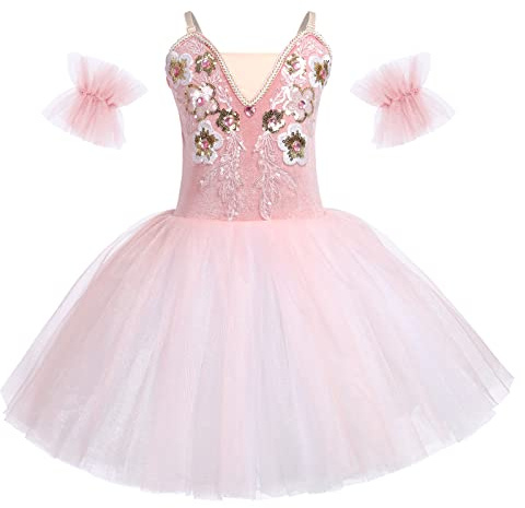 OBEEII Fille Robe de Ballet D?calcomanie Brod?e Ballet Tutu Justaucorps Danse Classique Gymnastique L?otard Costume avec Brassard Rose 8-9 Ans