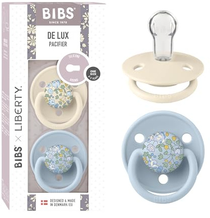 BIBS De Lux Liberty Ciuccio confezione da 2 pezzi. Privo di BPA, Tettarella tonda. Silicone, Prodotto in Danimarca, Taglia unica (0-36 mesi), Eloise Baby Blue