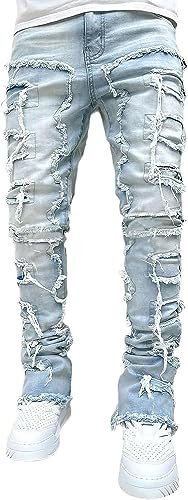 Vagbalena Los Hombres Rasgados Slim Fit Jeans Stretch Skinny Denim Pantalones Lápiz Rodado Tinte Spliced Stacked Frayed Straight Leg Skinny Jeans (Azul Claro,L)
