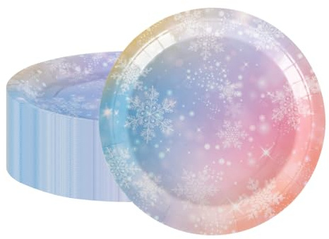 PHUNAT Pink Paper Plates, Pack of 50 9'' Gradient Color Party Plates,Purple Birthday Party Plates,Dinner Paper Plates,Snowflake Party Supplies Decor for Winter Holiday Xmas Frozen Party