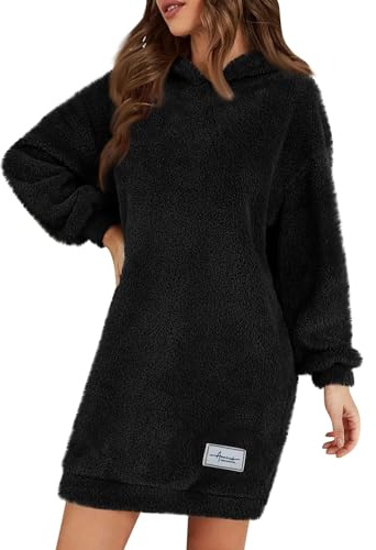 Long Sleeve Dress for Women Fuzzy Fleece Oversized Sweatshirt Dress Soft Hoodie Dress Trendy Tunic Pullover Tops Comfy Winter Clothes Casual Western Dress for Women Black Dress