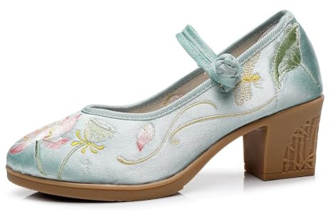 GZKDKZB Scarpe da Donna con Tacco Medio e Ricami Floreali in Stile Cinese, Scarpe antiche Cheongsam Hanfu, Scarpe orientali per spettacoli teatrali, comode e Leggere, con Cinturino alla ca
