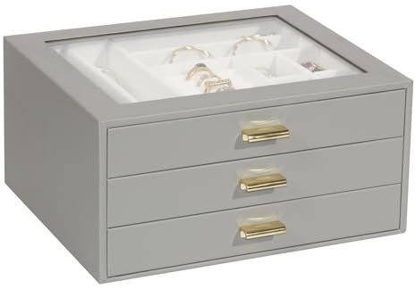 KILHS Schmuckkästchen,Schmuckaufbewahrung mit Glasdeckel,Schmuckkasten mit 3 Ebenen,für Ohrringe,Armbänder,Halsketten,3 Schubladen,schmuckschatulle,grau