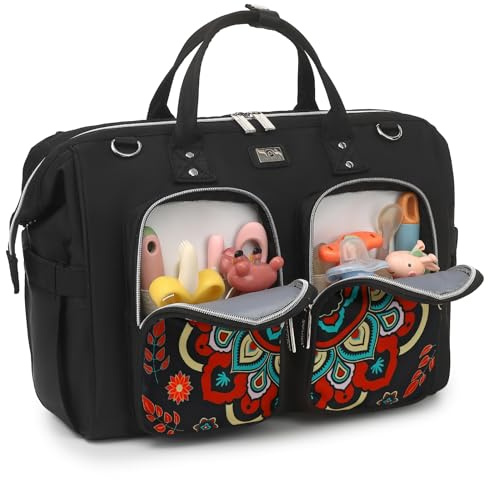 Pomelo Best Sac à langer avec matelas à langer imperméable et 2 crochets pour poussette - Bandoulière réglable - Sac à bandoulière multifonction - Sac de voyage pour les déplacements - Motif rétro