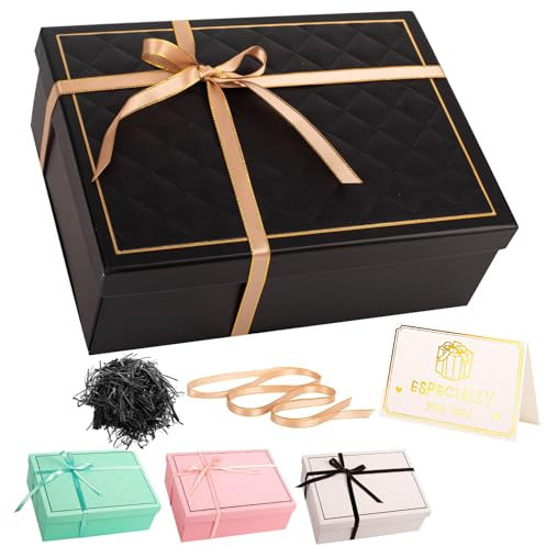Luxury Black Gift Box with Lid 25x18x9cm Medium/Large Empty Gift Boxes for Presents, Gift Box for Birthday Valentines Day Christmas Wedding Bridal Present Box with Ribbon Her Women Men