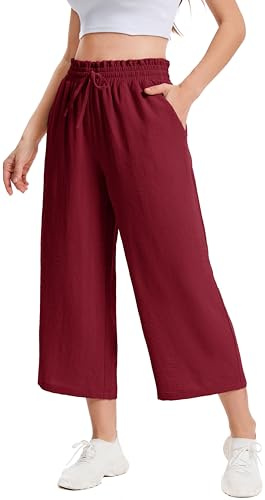WUWUSKY Pantalón Capri Culotte para Mujer Verano Cintura Alta Tela Transpirable y Ligera con Bolsillos Estilo Casual, Vino Tinto, 3XL
