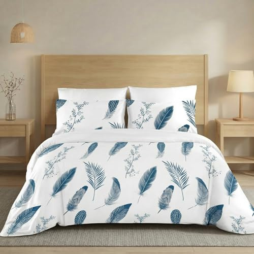 H HANSEL HOME Funda Nórdica Cama 150 de 3 Piezas Transpirable Suave al Tacto 100% Microfibra, Funda Edredón 220x240cm con 2 Fundas de Almohada 50x75cm - Pluma Azul