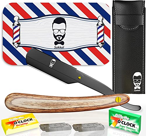 Rasoir à Barbe Coupe choux |20 Demi-Lames Etui Cuir de Transport |KIT rasoir de barbier manuel professionnel barber Visage classique Entretien a main précision vintage Traditionnel coiffeur (BOIS)