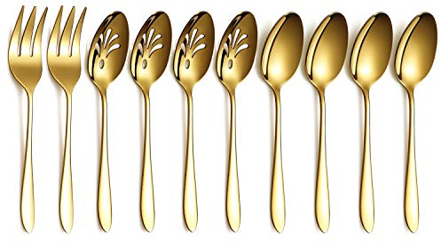 HOMQUEN Golden 10-Teiliges Serviergeschirr Besteckset, Servierutenset aus Edelstahl, Mit Geschlitztem Servierlöffel, Servierlöffel, Serviergabel