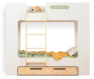 SMARTWOOD Kinderbett Mimi DL - Leiter Links Etagenbett 80x160 mit Lattenrost und Rausfallschutz - Kinderbett mit schubladen - Montessori Bett mit Rausfallschutz und Lattenrost - Weiß 80x160cm