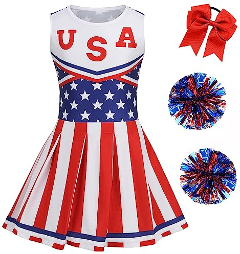 GRAJTCIN Cheerleader Uniform Cheerleading Outfit for Girls Halloween Costume Amerian Flag Dress Independence Day Gift (140, Red)