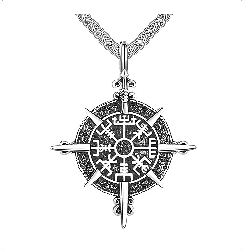 KONFEN Kette Herren Damen mit Anhänger, 24 Kompass Halskette mit Wikinger Symbole Kettenanhänger aus Edelstahl für Männer 60cm, Hip Hop Edelstahlkette Necklace Pendant Chain