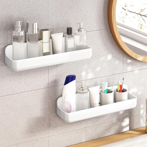 Diesisa 2PCS Shower Caddy, Self Adhesive Bathroom Shelf, Shower Shelf No Drilling, Wall Mounted Shower Organiser No Drilling, Acrylic Shower Rack Stick on for Bathroom Kitchen (Long-White)
