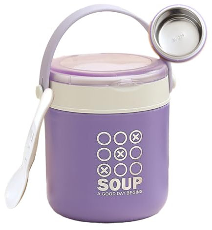 mengger Porta Yogurt Termico, Tazza da Colazione in Acciaio Inox Portatile 430ml,Con cucchiaio,Coperchio Maniglia per il Trasporto,Tazze Cereali Avena,Tazza da Zuppa,Adatto Scuole Uffici(Viola)