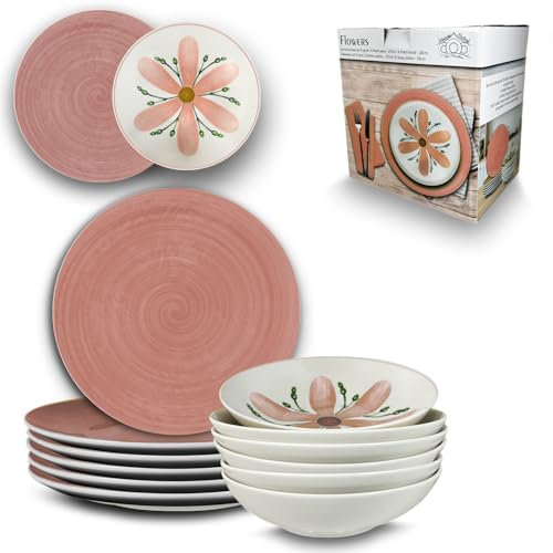 ARCA, Set 12 Piatti Coordinati Flowers in Porcellana Decorata, Servizio per 6 Persone, con Piatti Fondi e Piani, Moderni e Colorati, Lavabili in Lavastoviglie, Colore Rosa