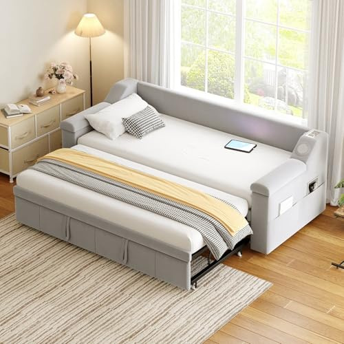 PUGSDRLY Canapé Lit Convertible 90/180x190cm avec Port USB et système stéréo Bluetooth,canapé lit 2 Places Convertible Multifonctionnel,sommier à Lattes,Tissu Velours,sans Matelas (Gris Clair)