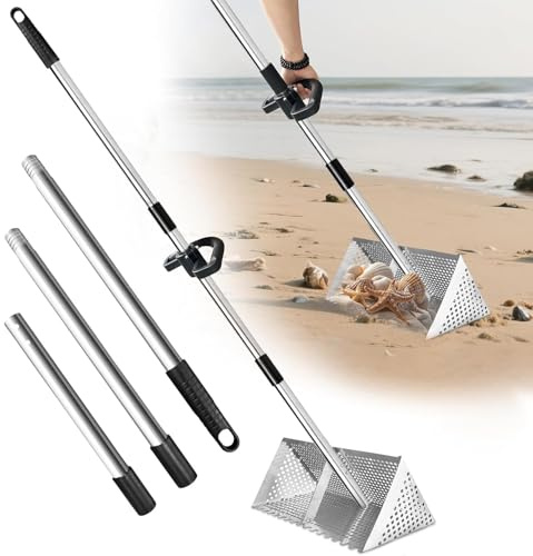 WOOLUCK® Rastrillo de Arena de Acero Inoxidable, Tamiz para Arena con Mango Desmontable de 140 cm de Largo, con Mango Antideslizante para la Playa