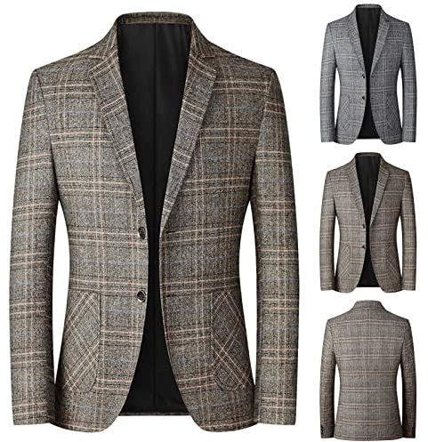 Rutig kavaj herr sportjacka blazer tweed dubbelbröstade rutiga jackor vardaglig kostym jackor bar Mitzvah jacka brittiska lappverk rockar med 2 knappar normal passform bal blazers, Grå, M