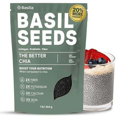 Basilia Basil Seeds Organic for Eating | The Original Loaded Water | 2x More Fiber than Chia | Nutrition-Packed Edible Basil Seeds Superfood for Breakfast, Smoothies & Drinks | Keto Friendly & Gluten Free | 1lb Bag