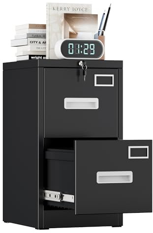 FlairVibe 2 Drawers Filing Cabinets Metal, Lockable Vertical File Cabinet for A4 Size, Anti-tipping File Drawer Storage Cabinets with Cue Card Slot for Home Office,Black