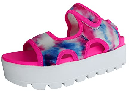 Generisch Sandali alti da donna estivi Tie Dyed panno viso aperto Toe Hook Loop suola spessa sandali, rosa intenso, 37 EU