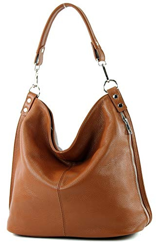modamoda de - T177 - ital. Damen Schultertasche aus Leder, Farbe:Cognac