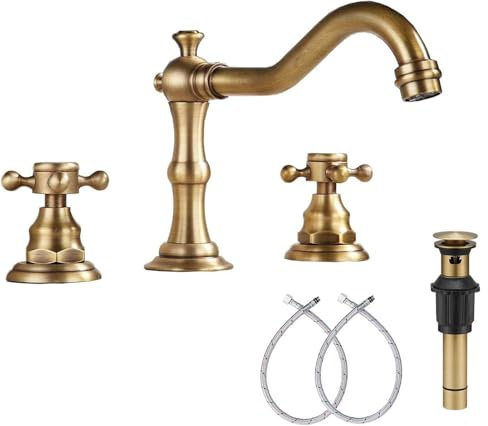 GGStudy 8 inch 2 Handles 3 Holes Widespread Bathroom Sink Faucet Antique Brass Bathroom Vanity Faucet Basin Mixer Tap Faucet Matching Metal Pop Up Drain with Overflow