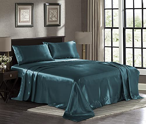 Satin Sheets Queen [4-Piece, Teal] Hotel Luxury Silky Bed Sheets - Extra Soft 1800 Microfiber Sheet Set, Wrinkle, Fade, Stain Resistant - Deep Pocket Fitted Sheet, Flat Sheet, Pillow Cases