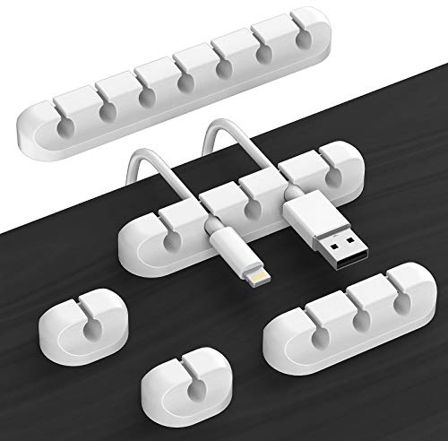 Cord Holder Cable Organizer Clips – Self Adhesive Cord Organizer for Desk, Car, Nightstands, Office, White Silicone Cord Keeper Cable Clips Wire Holders for Phone Charger Cords (7-5-3-1-1 Slots)