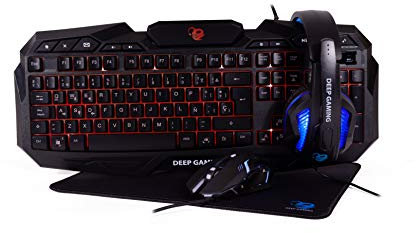 Deep Gaming X-Wing Setup Gaming 4 en 1: Teclado Membrana QWERTY con Ñ retroiluminado, ratón óptico LED 2400 dpi, Auriculares Gamer con micrófono, Alfombrilla Antideslizante. PC/Xbox One/PS4, Negro