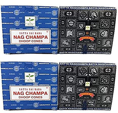 Satya Lot de 4 boîtes de 12 cônes d'encens aromatiques Encens Super Hit et Nag Champa Parfum délicat