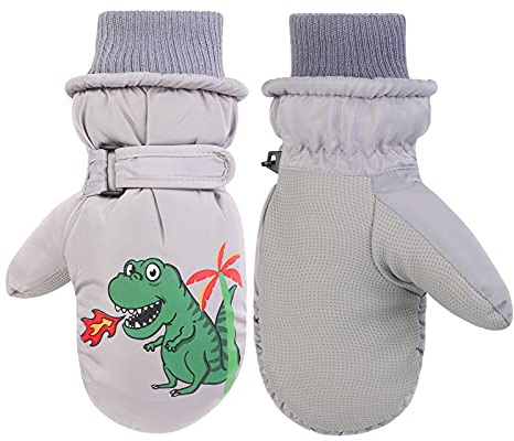 QKURT Kinder Skihandschuhe, Dinosaurier Kinder Warme Handschuhe Mädchen Jungen Kaltwetterfäustlinge für 2~5 Jahre Rodeln Snowboard Skating Radfahren Laufen und Outdoor-Aktivitäten
