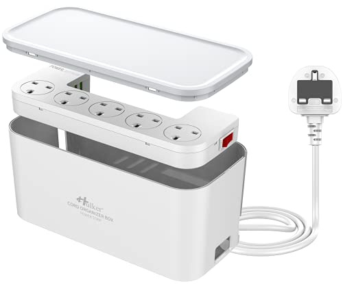 Hulker 3M Extension Lead with USB, Cable Management Box 5 Gang Plug Extension Socket with Switch, 5 Way Power Strip Cable Tidy Box, Desk Cords Organizer for Kitchen, Dorm, Office, Home