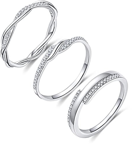 FUNEIA 3 Stück Ring Silber Damen Frauen Stapelbare Ringe Set 18 Karat Weißgold Ehering Verlobungsring Trauringe Weiß Zirkonia Fingerring Knöchelringe Schmuck Größe 49-62 (Silber Set, 57（18.1）)
