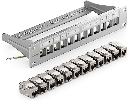deleyCON SET 12 Ports CAT7 Panneau de Brassage Panneau de Distribution Modulaire 1 U Installation en Rack 10 + 12x Modules Keystone CAT 7 Réseau LAN RJ45 10 Gbit/s 600 MHz Câble D'installation Gris