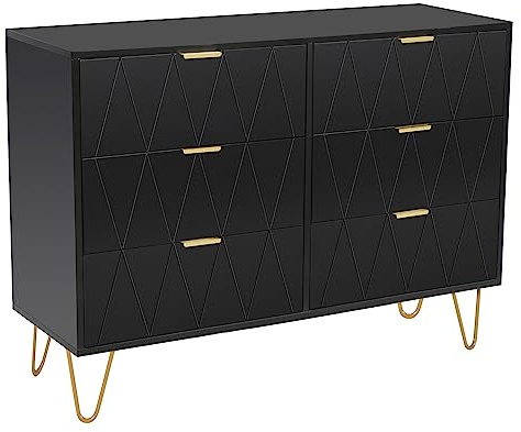 UEV Commode, Armoire avec 6 Tiroirs, Meuble de Rangement Chambre Enfant/Adulte, 100 x 34 x 73cm, Buffet Salon, Style Scandinave Elégant, Couleur Noir