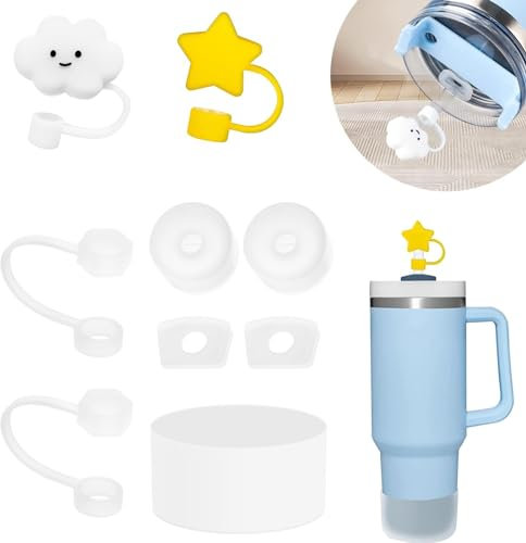 Mefaster Stanley Becherzubehör-Set: 6 Auslaufsichere Silikon-Stopper, 2 Strohhalm-Abdeckkappen für 9-10 mm Strohhalm, 1 Silikonmanschette für 1,2 l und 850 ml Becher