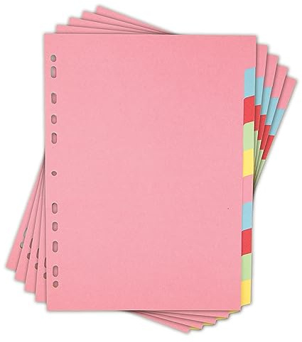 Elba A4 Pink 10-Part File Dividers, 5 Pack, Multi-Coloured Recycled Card Dividers, Multi-Hole Punched for Ring Binders