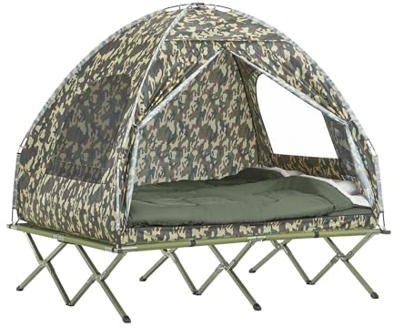 SoBuy Feldbett mit Zelt Schlafsack Wurfzelt Matratze und Zubehör Zelt 2 Person 2 Mann Zelt Feldbett 4in1-Zelt mit Campingliege Tarnfarbe BHT ca. 193x188x145cm OGS32-L-TN