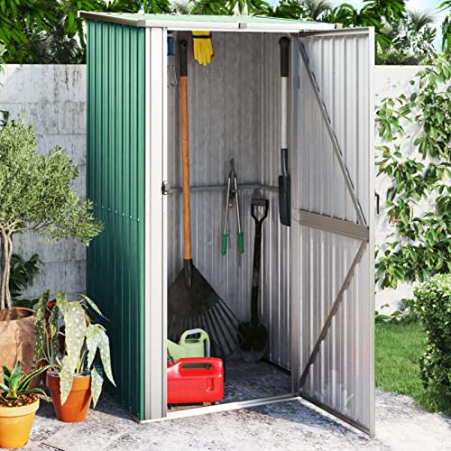 ShCuShan Abri de jardin pour outils, cabane en tôle d'acier avec toit incliné, rangement pour outils avec portes coulissantes pour jardin, abri de jardin vert 118,5 x 97 x 209,5 cm en A