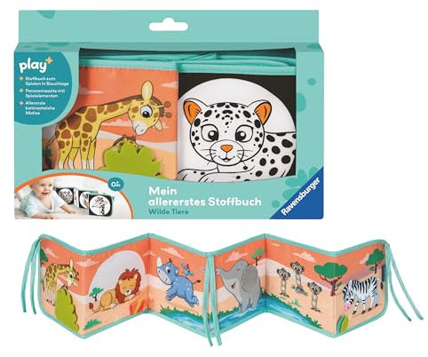 Ravensburger 4856 Play+ Mein allererstes Stoffbuch: Wilde Tiere, Leporello für die Bauchlage, Stoffbuch, Kuschelbuch