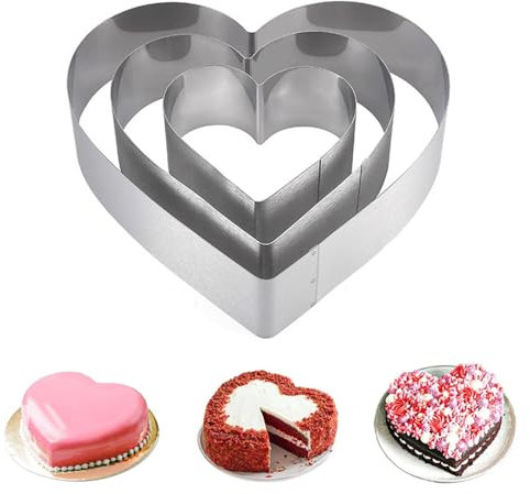 Anicy Lot de 3 moules à gâteau en forme de cœur - En acier inoxydable - Pour décoration de gâteau, biscuits, sandwich, gâteau - Hauteur : 4,5 cm - Diamètre : 10/15/20 cm