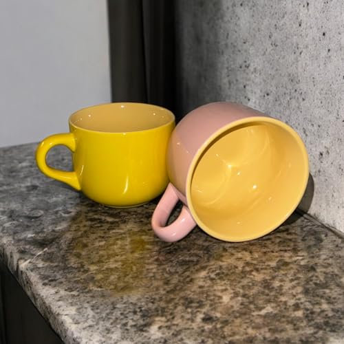 Set de 2 tazones desayuno Tazones De Sopa De Cerámica Taza De Café Grande, Tazas De Sopa Con Asa Apto Para Microondas Y Lavavajillas Para Cereal Postre Ensalada Té Leche de 650ml (rosa-amarillo)