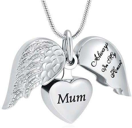 VCCWYQK Angel Wing Heart Urn Necklaces for Ashes for Women Memorial Keepsake Pendant for Women Men Cremation Jewelry (Silver-Mum)